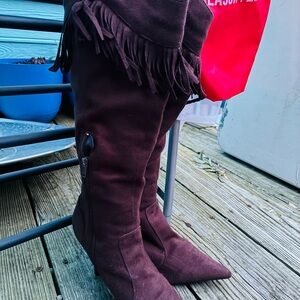 Fringe Brown Knee-High Boots